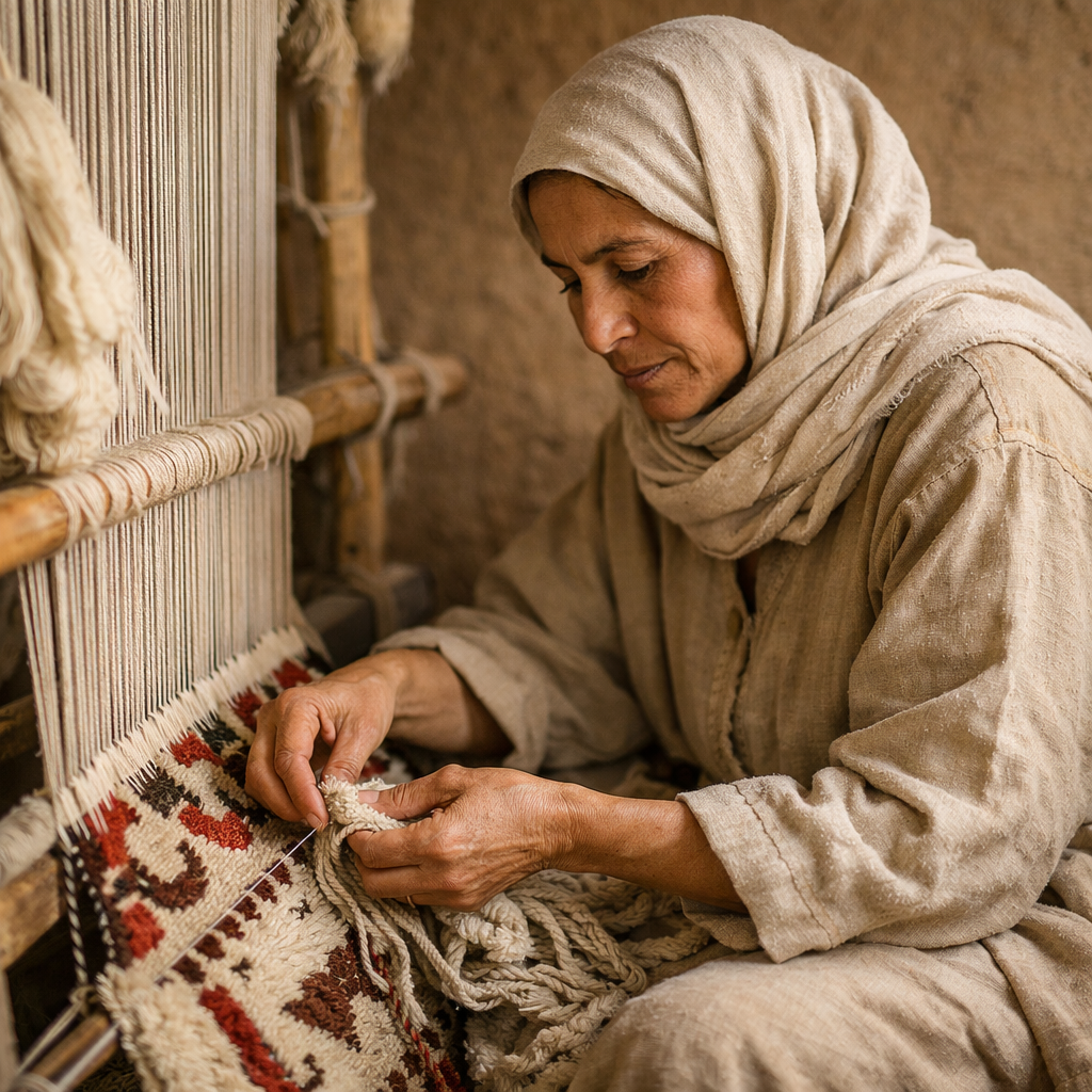 A Moroccan artisan woman weaving a traditional Berber rug on a wooden loom in a rustic workshop, wearing neutral-toned traditional clothing and a soft headscarf. The scene is lit with warm natural light from the side, showing detailed hands working with wool threads. The background is minimal with clay walls and natural textures, creating a calm, authentic, and timeless atmosphere. Soft beige and earthy tones dominate the image, with shallow depth of field and subtle shadows.